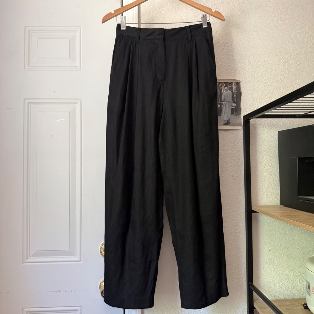 DISSH black linen blend pleated front high rise wide straight leg trousers pants